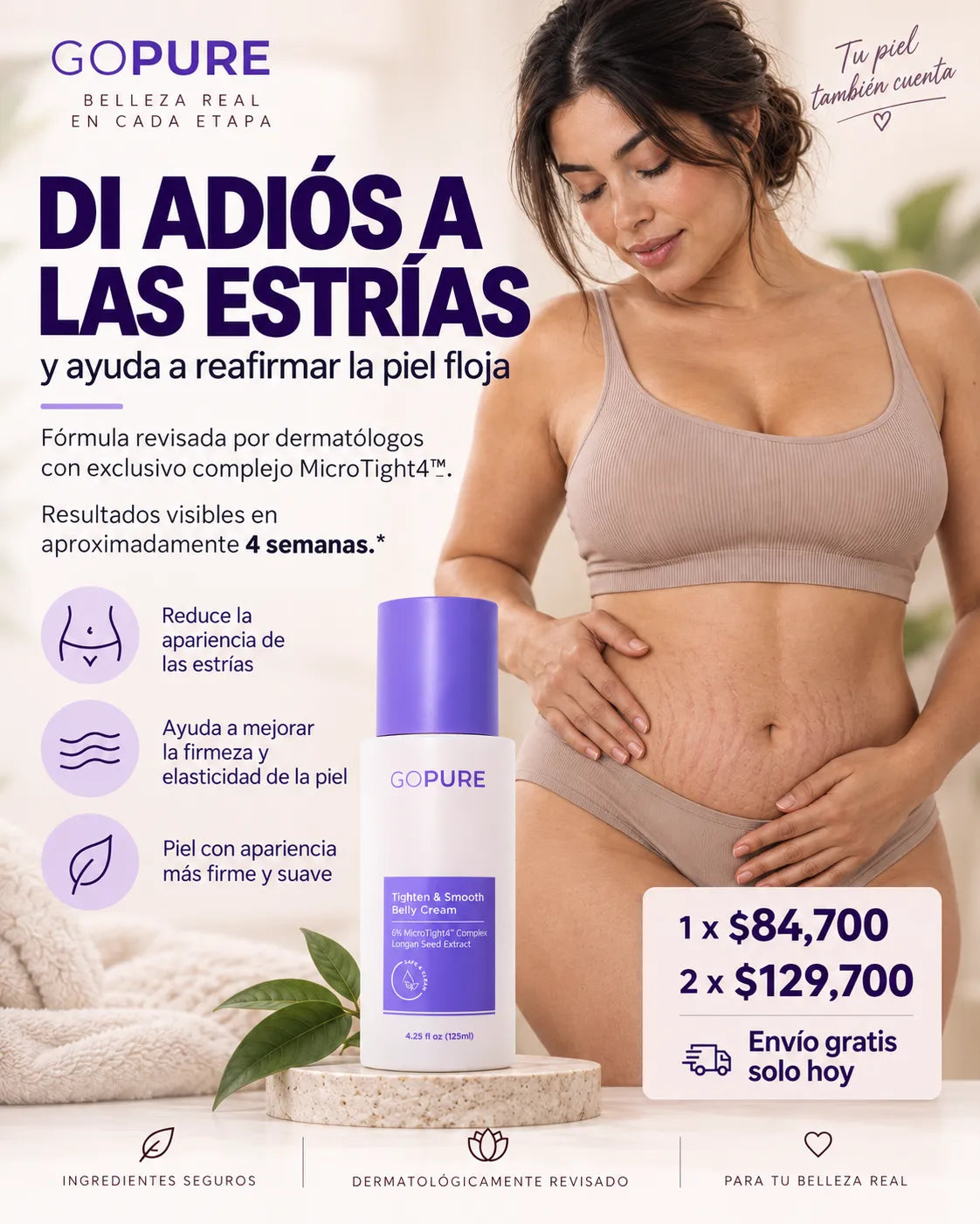 Crema reafirmante y suavizante para estrias GO PURE